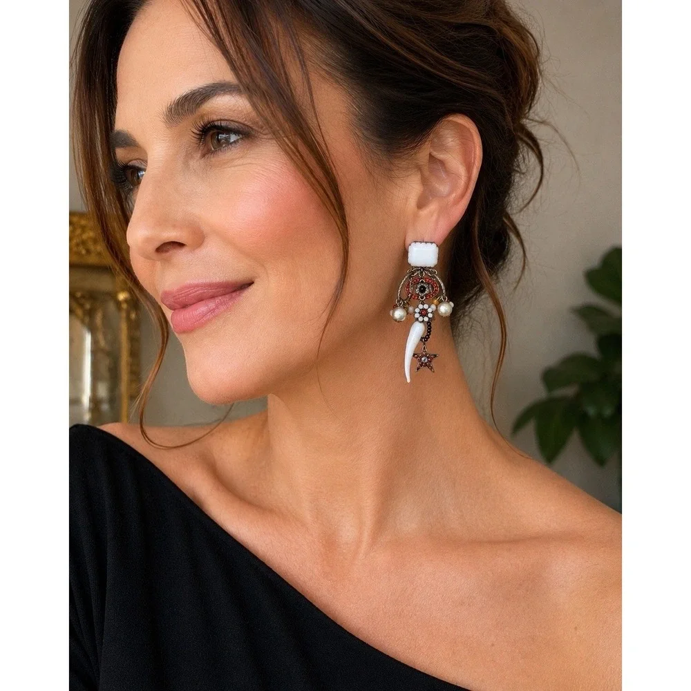 Unmarked Designer Artisan Glass Horn‎ Drop Earrings Evil Eye Star Charm Boho 3
